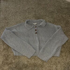 BP Gray Collared Cropped Sweater with Brown Button Accents